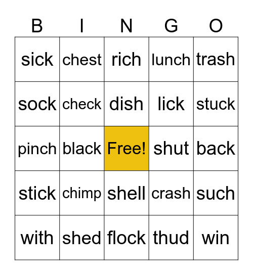 Sounds Write Unit 11 /sh/ /ch/ /th/ /ck/ Bingo Card