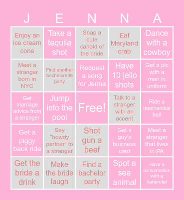 Bachelorette Bingo Card