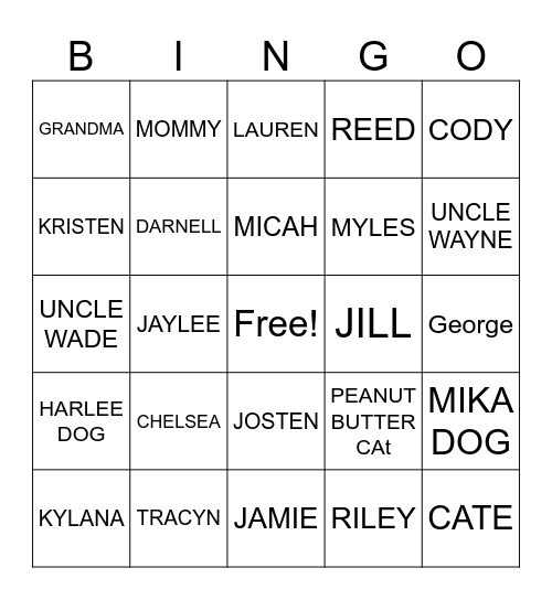 Family and Freinds Bingo Card