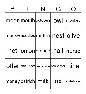 Final Phonics 2 M,N,O Bingo Card