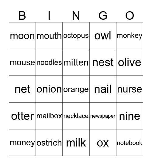 Final Phonics 2 M,N,O Bingo Card