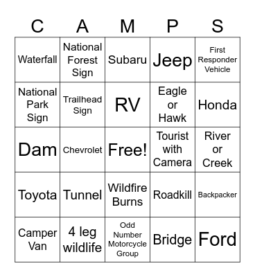 Roadtrip Bingo Card