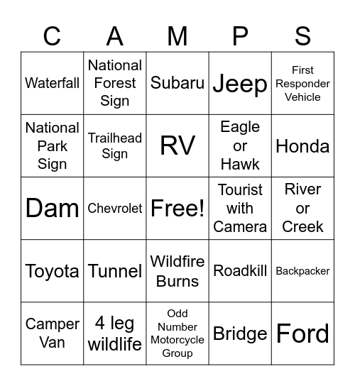 Roadtrip Bingo Card