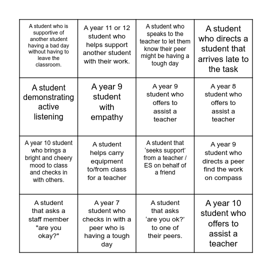MEC Behaviour Bingo Card