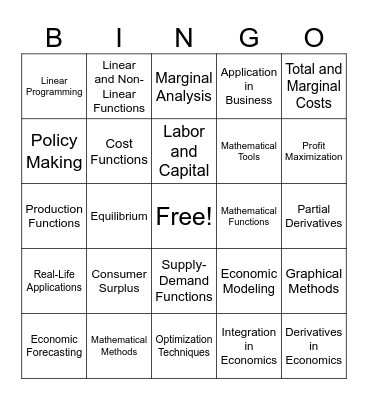 MATHEMATICAL CONCEPTS IN ECONOMICS Bingo Card