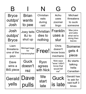 Raid Night Bingo Card