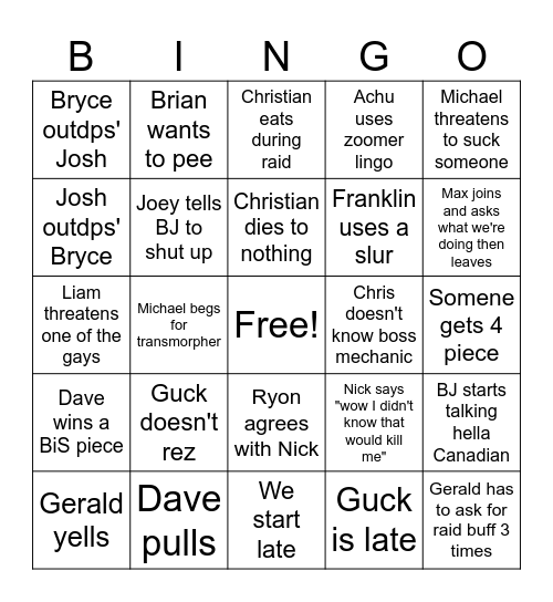 Raid Night Bingo Card