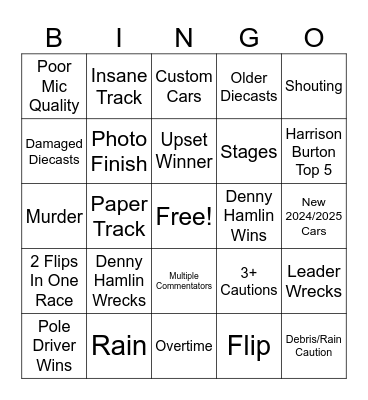 NASCAR Stop Motion Bingo Card