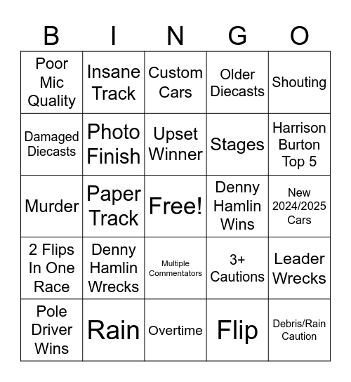 NASCAR Stop Motion Bingo Card