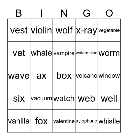 Final Phonics 2 V,W,X Bingo Card