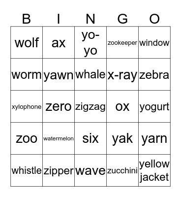 Final Phonics 2 W,X,Y,Z Bingo Card