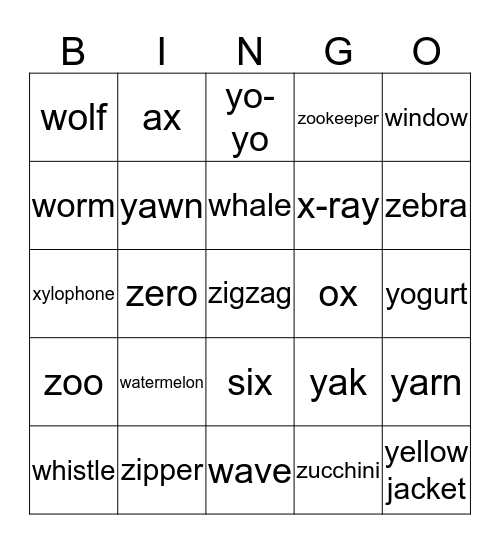 Final Phonics 2 W,X,Y,Z Bingo Card