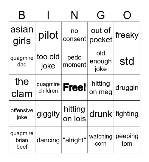 Quagmire bingo Card