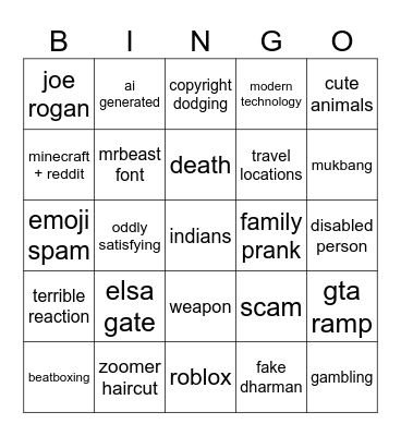 YT Shorts Bingo Card