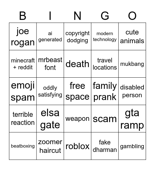 YT Shorts Bingo Card