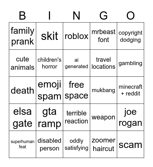 YT Shorts Bingo Card