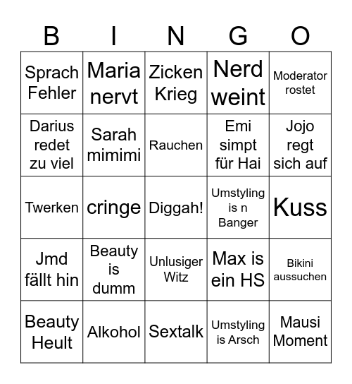 Beauty and the Nerd Bingo Card