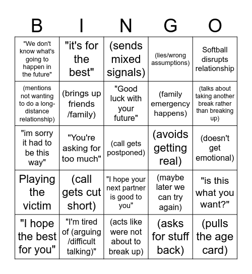 Breakup Bingo Card