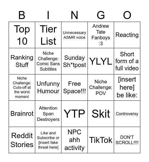 The MEGA Youtube Shorts Bingo Card
