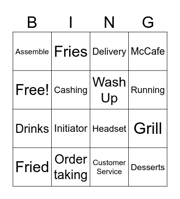 McDonalds Crew Bingo Card
