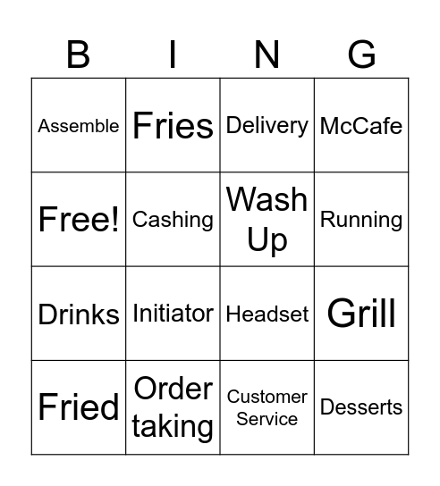McDonalds Crew Bingo Card