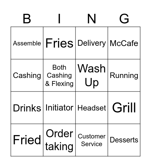 McDonalds Crew Bingo Card