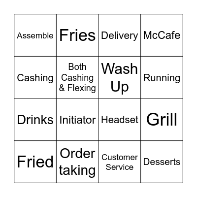 McDonalds Crew Bingo Card