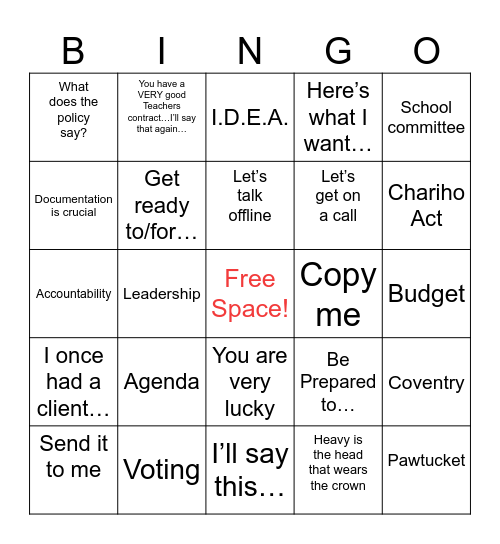 Hide and Speak Legal Bingo Card