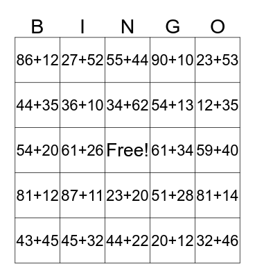 Two Digit Addition  Bingo Card