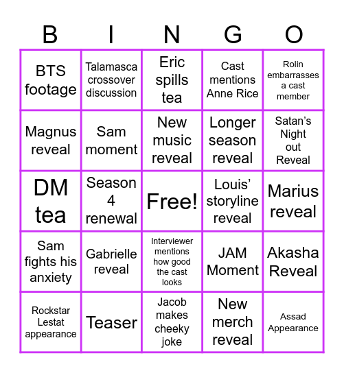SDCC IWTV Bingo Card