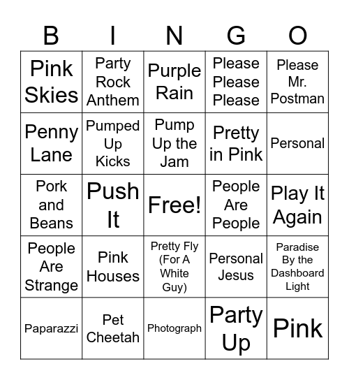 "P" Songs Bingo Card