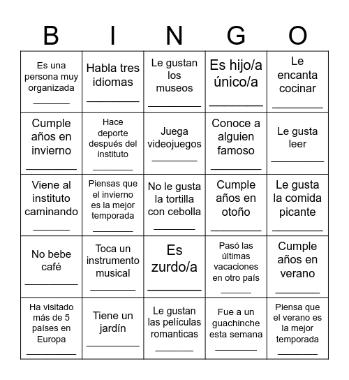 BINGO para conocerse Bingo Card