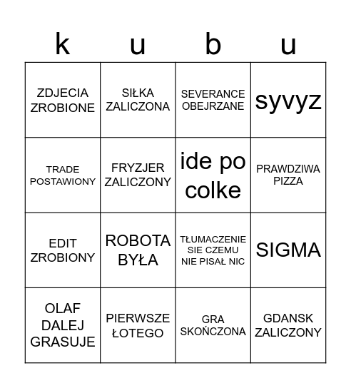 beengo Bingo Card