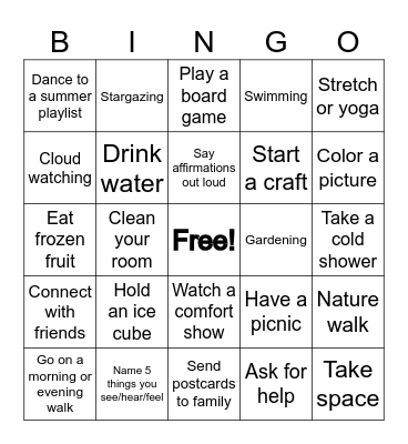 Summer Coping Skills Bingo Card