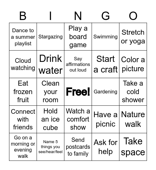 Summer Coping Skills Bingo Card