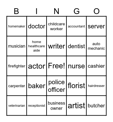 Jobs and Occupations Bingo Card