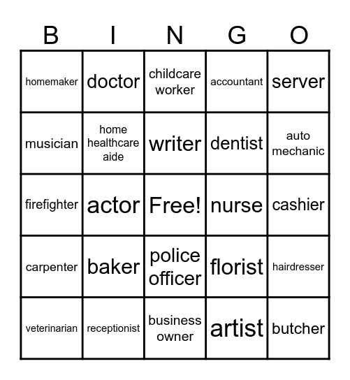 Jobs and Occupations Bingo Card