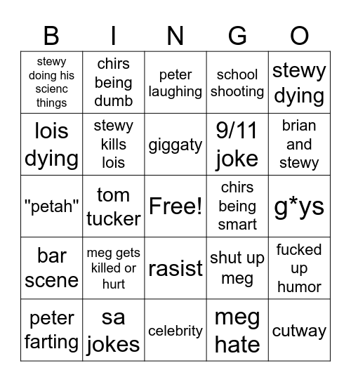 family guy Bingo Card
