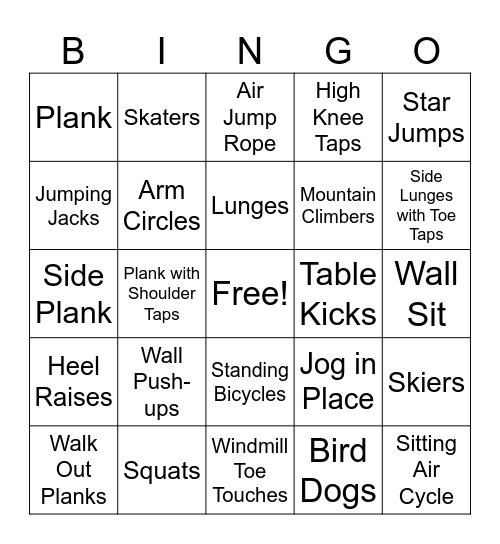 Body Weight Exercises Bingo Card