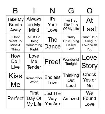 LOVE SONG BINGO Card