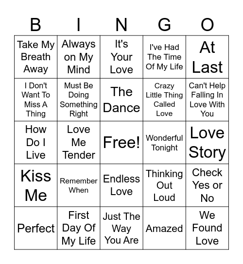 LOVE SONG BINGO Card