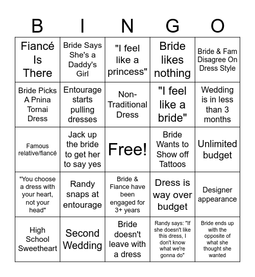 Say Yes to the Dress Bingo! Bingo Card
