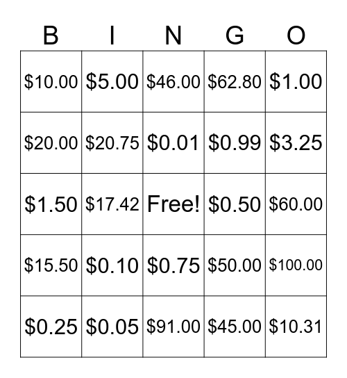 Money Bingo Card