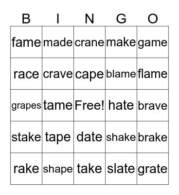 Long a-e  Phonics Pattern Bingo Card