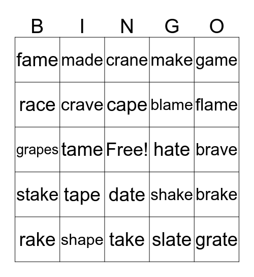 Long a-e  Phonics Pattern Bingo Card