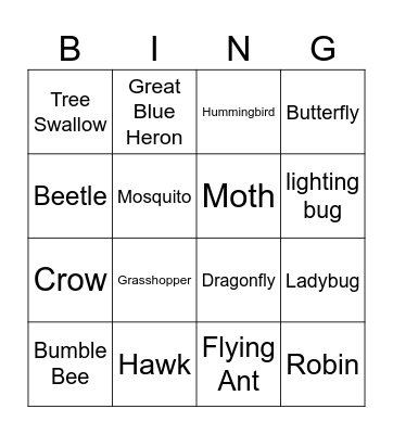Things with wings Bingo Card