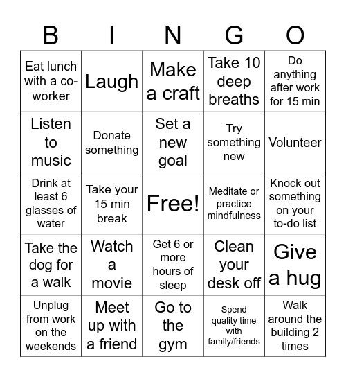 Work-life Balance Bingo Card