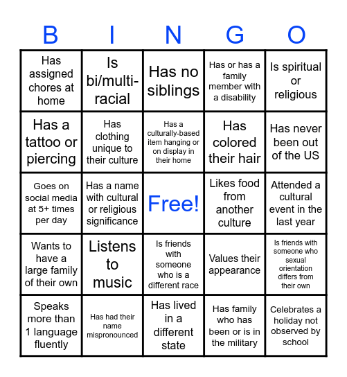 CULTURAL IDENTITY BINGO Card