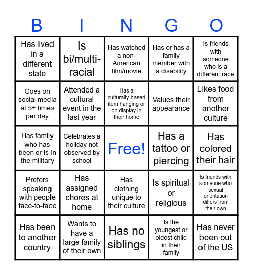 CULTURAL IDENTITY BINGO Card