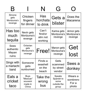 Mexican Vacation Bingo Card
